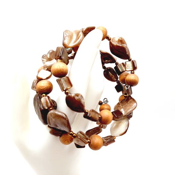 Vintage Shell Wooden Seed Bead Memory Wire Bracelet, Shades of Brown - Picture 7 of 9